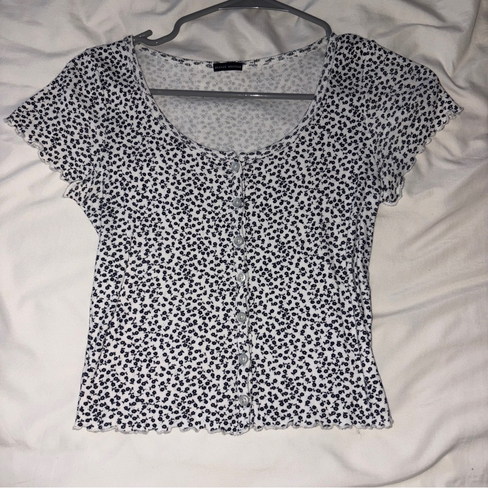 brandy melville white button down with navy floral pattern
